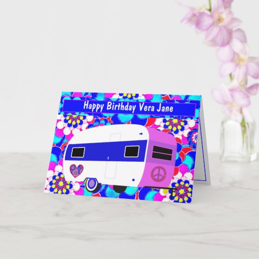  Camper en Mod Flowers Happy Birthday Kaart (Orchidee)