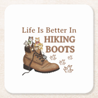 Camper Gift | Life is Better In Hiking Boots Cat Vierkante Kartonnen Onderzetter