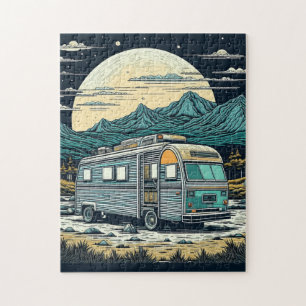 camper in de bergen met volle maan legpuzzel
