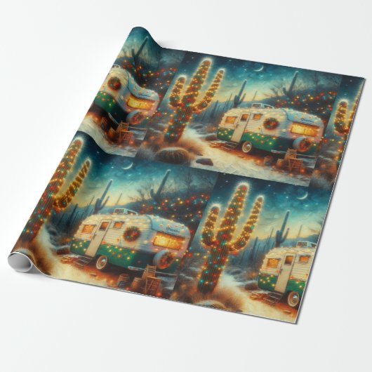 Camper Kerst in Desert Saguaro Cactus Cadeaupapier (Uitgerold)