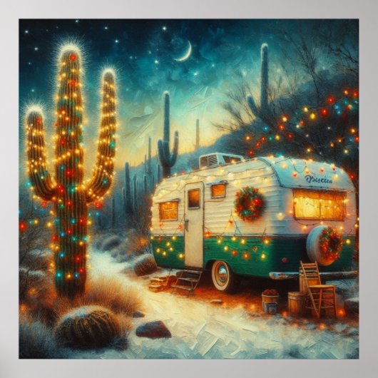 Camper Kerst in Desert Saguaro Cactus Poster (Voorkant)