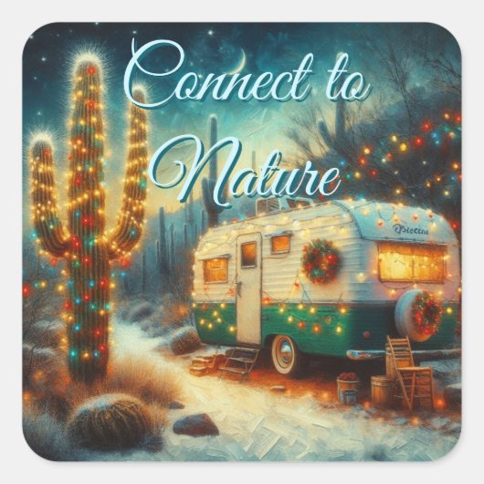 Camper Kerst in Desert Saguaro Cactus Vierkante Sticker (Voorkant)
