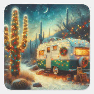  Camper Kerst in Desert Saguaro Cactus Vierkante Sticker