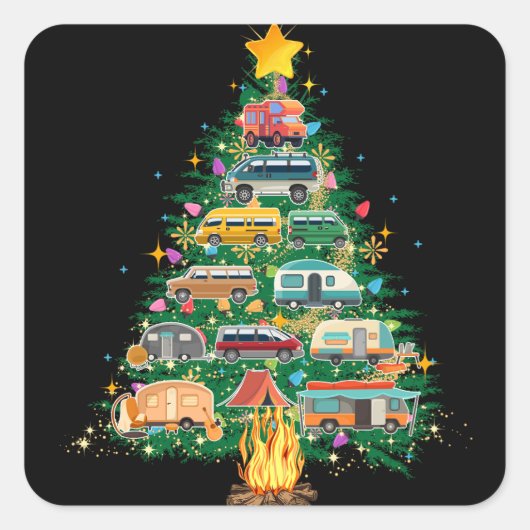 Camper kerstboomvoertuigen vierkante sticker (Voorkant)