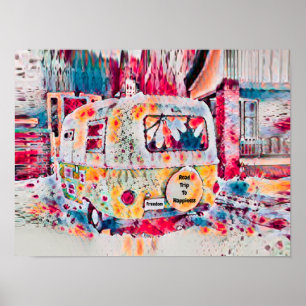 Camper Retro Hippie Road maakt geluk op vrijheid Poster
