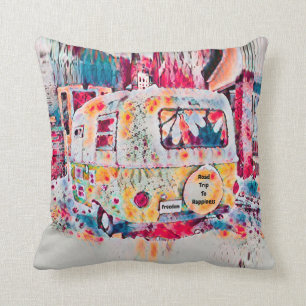Camper Retro Hippie Road reist naar geluk Vrijheid Kussen