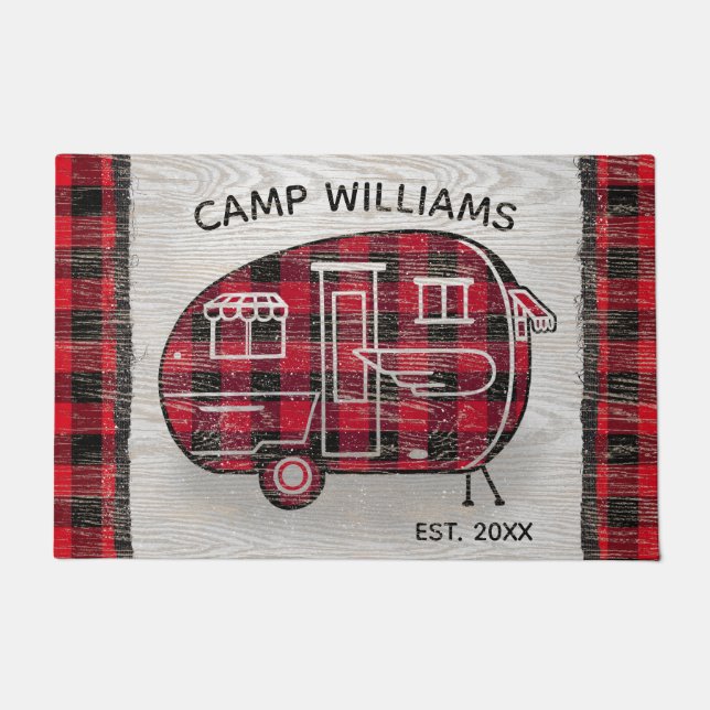 Camper Rustic Red Buffalo Pset Monogram Naam Deurmat (Voorkant)