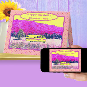 Camper Van Happy Birthday Pink Polka Dots Kaart
