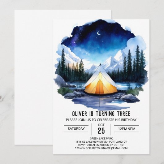 Campfire & Pine Trees Invitation Anniversaire (Devant / Derrière)