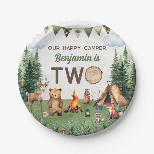 Camping 2e verjaardagsfeestje papieren bordje (Voorkant)