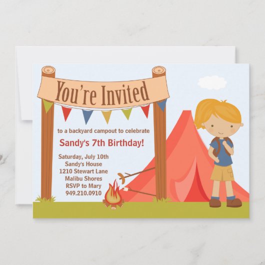 Camping Birthday Party Invitation Kaart (Voorkant)