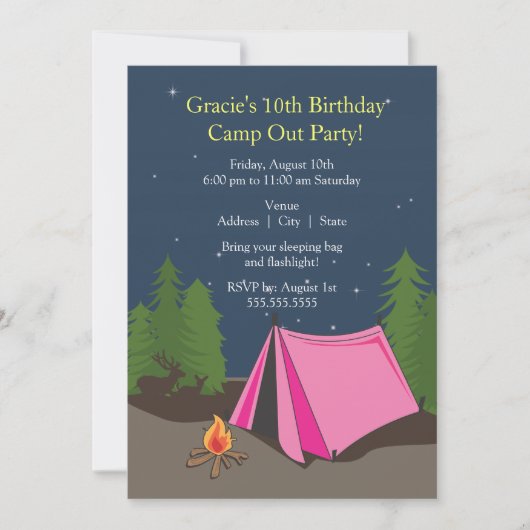 Camping Birthday Party | Meisje Kaart (Voorkant)