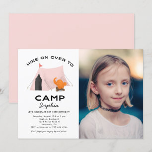 Camping Birthday Party Pink Tent Photo Kaart