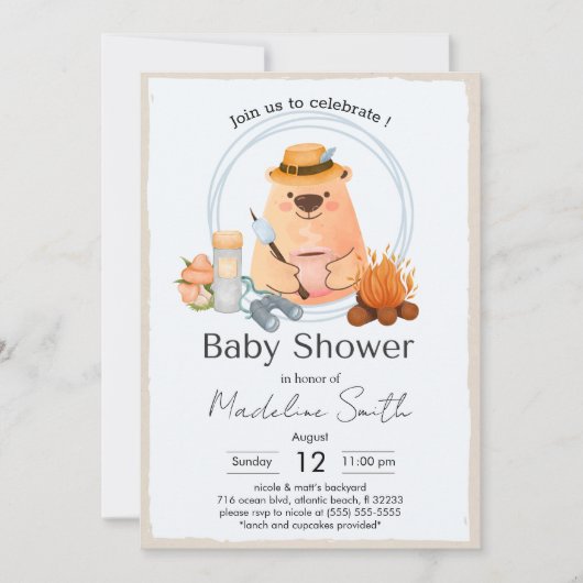Camping Bonfire Bear Baby Shower Invitation (Devant)