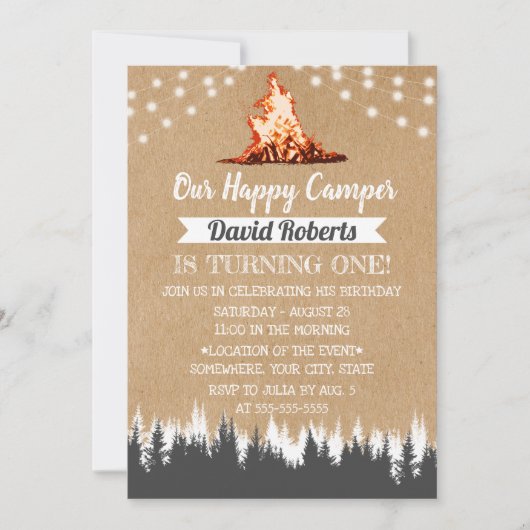 Camping Bonfire Happy Camper Rustic Kraft Birthday Kaart (Voorkant)