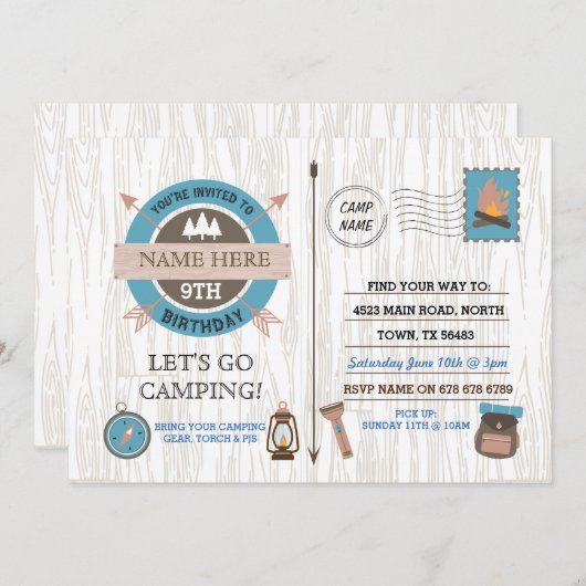 CAMPING Camp Out BIRTHDAY PARTIJ jongens nodigen m Kaart (Voorkant / Achterkant)