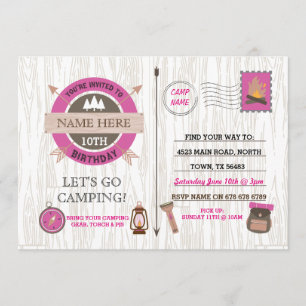 CAMPING Camp Out BIRTHDAY PARTIJ roze meisjes nodi Kaart