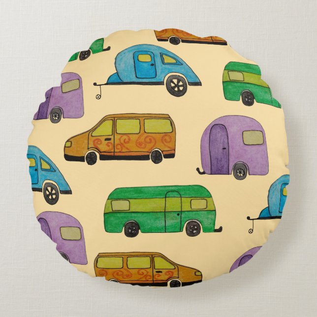 Camping caravans rond kussen (Voorkant)