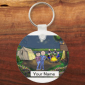 Camping Couple, vier kinderen Cartoon Sleutelhanger (Voorkant)