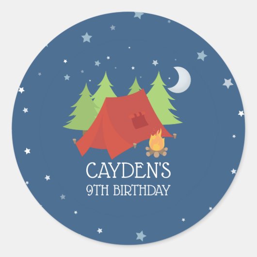 Camping fête d'anniversaire en faveur autocollants (Devant)