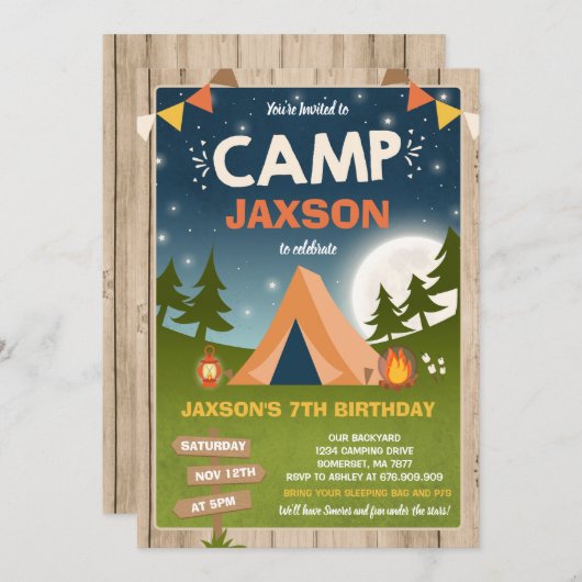 Camping Invitation Anniversaire Camp hors fête (Devant / Derrière)