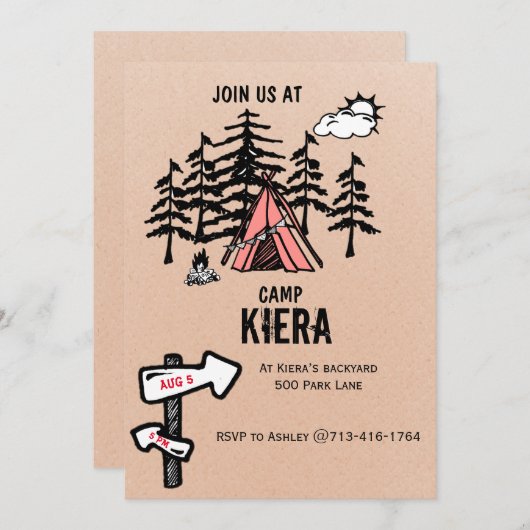 Camping invitation de fête d'anniversaire à thème (Devant / Derrière)