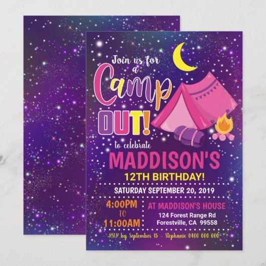 Camping Invitation Girl Camp Uitnodiging (Voorkant / Achterkant)