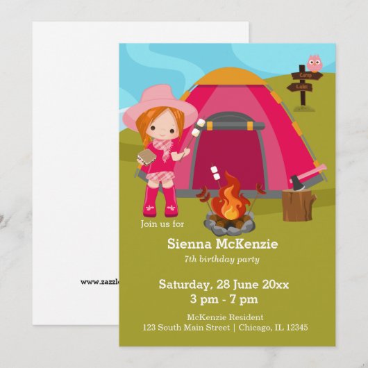Camping jarig meisje kaart (Voorkant / Achterkant)