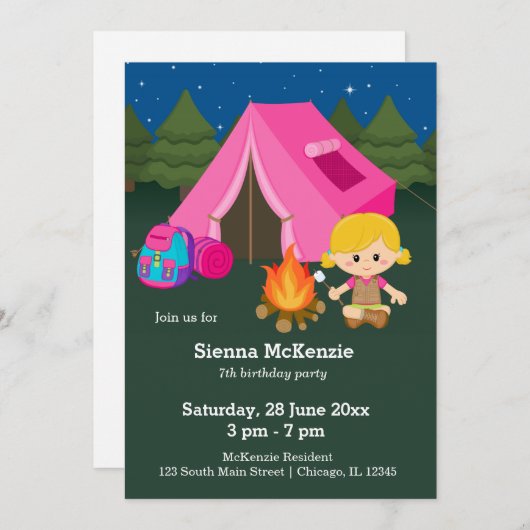 Camping jarig meisje kaart (Voorkant / Achterkant)