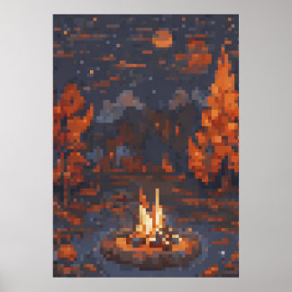 Camping Leven Pixel Art Vuur Tent Sterren Buitenle Poster