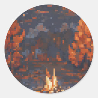 Camping Leven Pixel Art Vuur Tent Sterren Buitenle Ronde Sticker