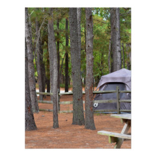 Camping met tent en hek in bossen perfect poster