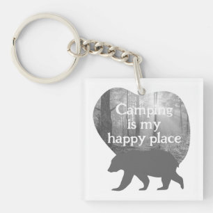Camping my happy place zwart in wit aanpasbaar sleutelhanger