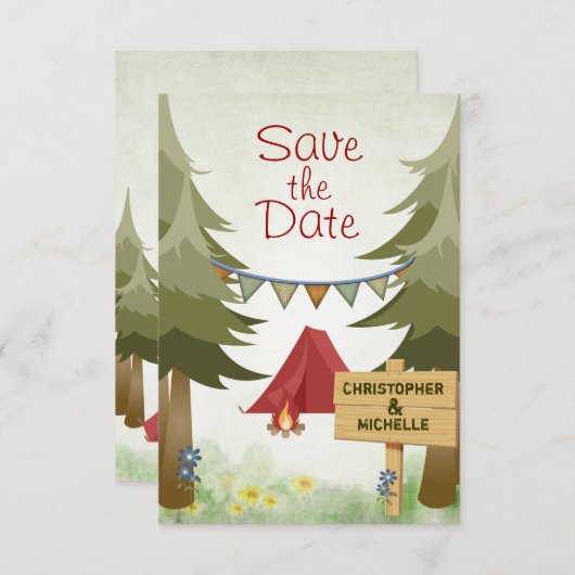 Camping Rode Tent Bos Bruiloft Save The Date (Voorkant / Achterkant)