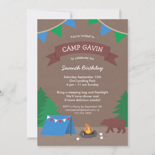Camping rustique Cute Invitations de fête d'annive (Devant)