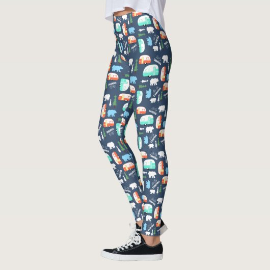 Camping RV Retro Camper Navy Blue Pattern Leggings (Links)