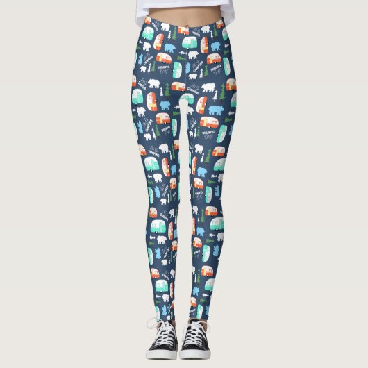 Camping RV Retro Camper Navy Blue Pattern Leggings (Voorkant)