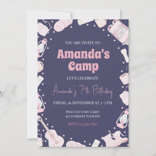 Camping sac à dos Fille Invitation d'anniversaire (Devant)