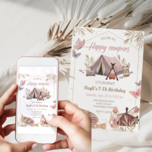 Camping Tent Bonfire Girl Birthday Invitation Kaart