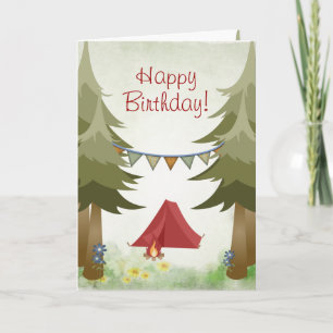 Camping, Tent, Campfire, Flowers Woodland Birthday Kaart