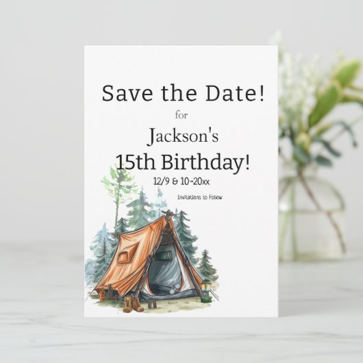 Camping Tent, Scène Verjaardag Save the Date (Staand voorkant)