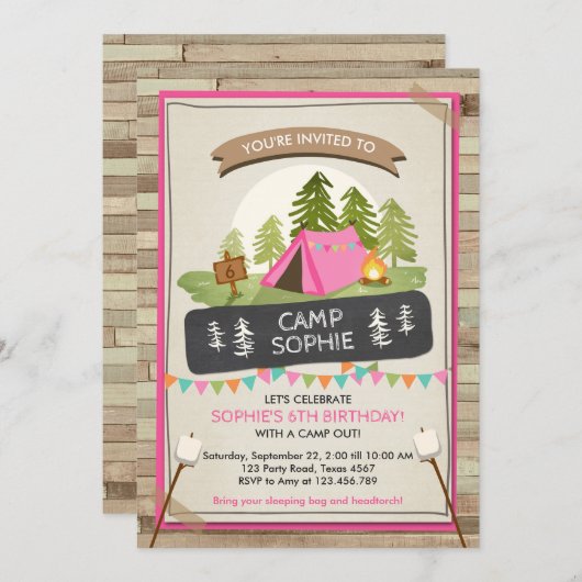 Camping Tent Uitnodiging Verjaardag Kamperen Meisj (Voorkant / Achterkant)