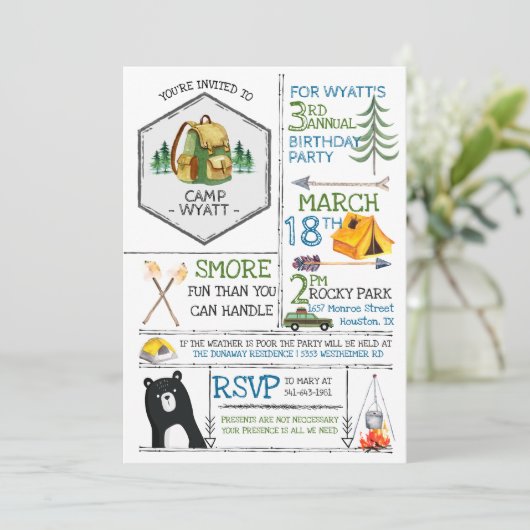 Camping Thema Party - Badges & Icons Kaart (Staand voorkant)