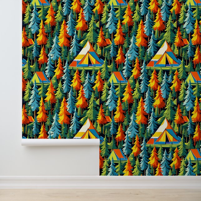 Camping thema tenten en pijnbomen behang (Applicatie)