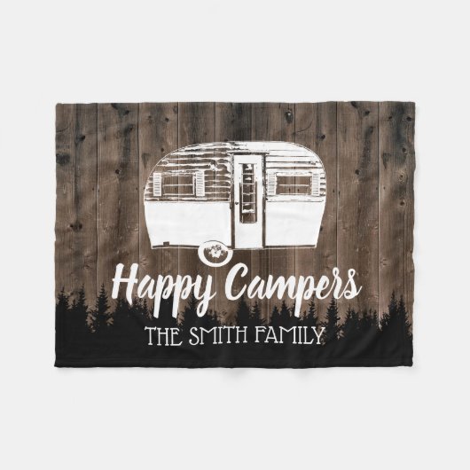 Camping Trailer Happy Campers Forest Rustic Wood Fleece Deken (Voorkant (Horizontaal))