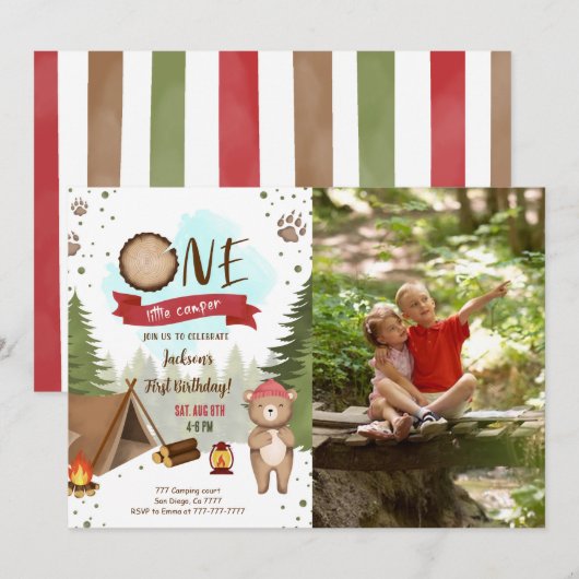 Camping Verjaardag Foto uitnodiging (Voorkant / Achterkant)