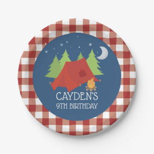 Camping verjaardagsfeest borden rood geruit papieren bordje