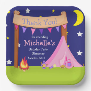 Camping Verjaardagsfeest Sleepover roze en paarse Papieren Bordje