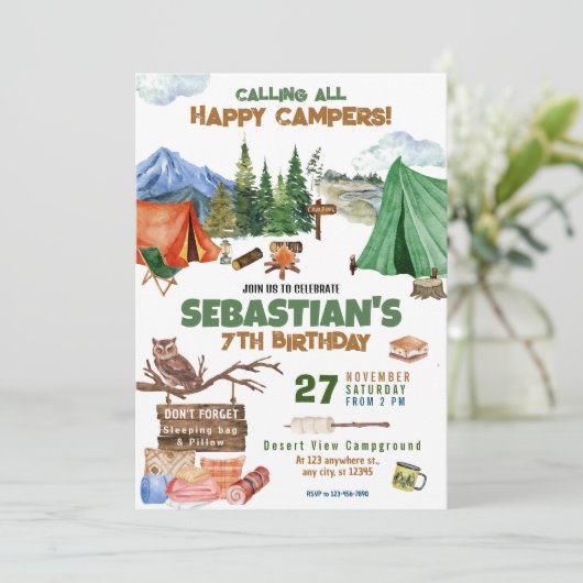 Camping Verjaardagsfeestje modern kinder Kaart (Staand voorkant)