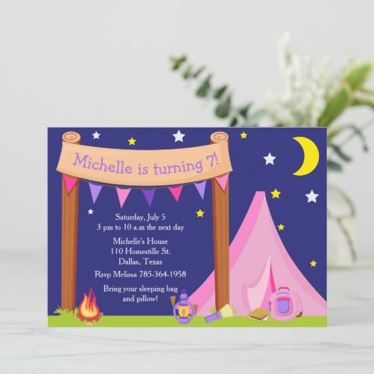 Camping verjaardagsfeestje slaapfeestje Roze en Pa Kaart (Staand voorkant)